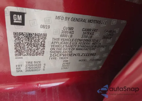 2020 Chevrolet Silverado 1500 2Wd Short Bed Custom from USA, damaged, VIN 1GCPWBEH7LZ111961